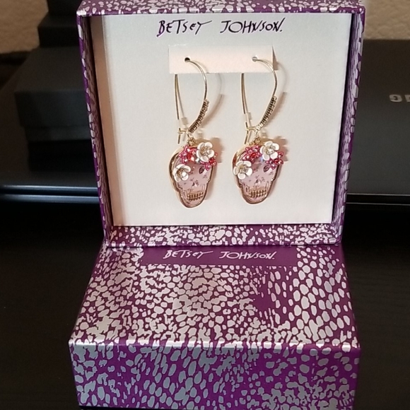 Crystal Accent Pink Floral Skull Drop Earrings - Picture 5 of 6